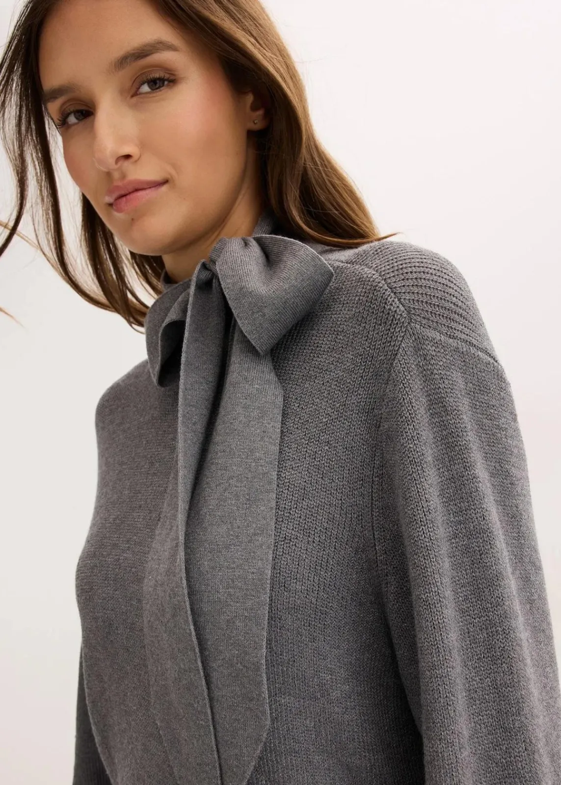 bonprix Bekleidung·Umstandsmode|Strickmode^Strickkleid mit Schleife aus softem Viskose-Mix grau meliert