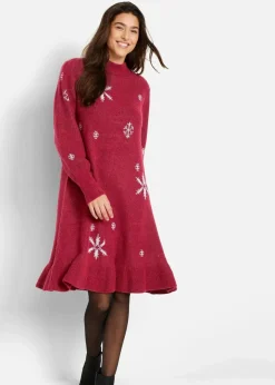 bonprix Bekleidung·Umstandsmode|Strickmode^Strickkleid mit Schneeflocken-Print abendrot