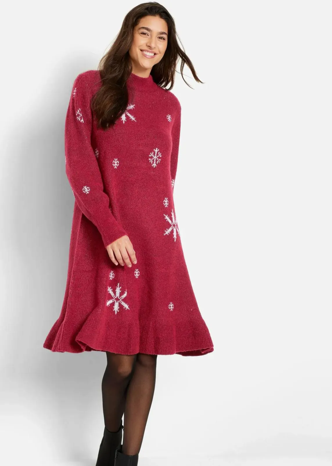 bonprix Bekleidung·Umstandsmode|Strickmode^Strickkleid mit Schneeflocken-Print abendrot