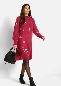 bonprix Bekleidung·Umstandsmode|Strickmode^Strickkleid mit Schneeflocken-Print abendrot