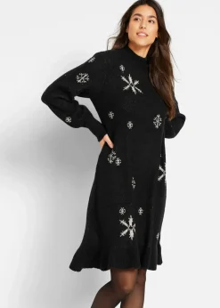 bonprix Bekleidung·Umstandsmode|Strickmode^Strickkleid mit Schneeflocken-Print schwarz