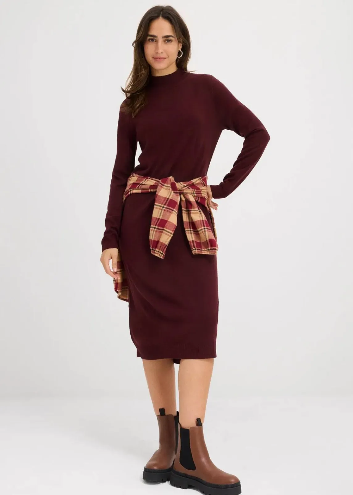 bonprix Kleider|Basics^Strickkleid mit Stehkragen tiefgrün
