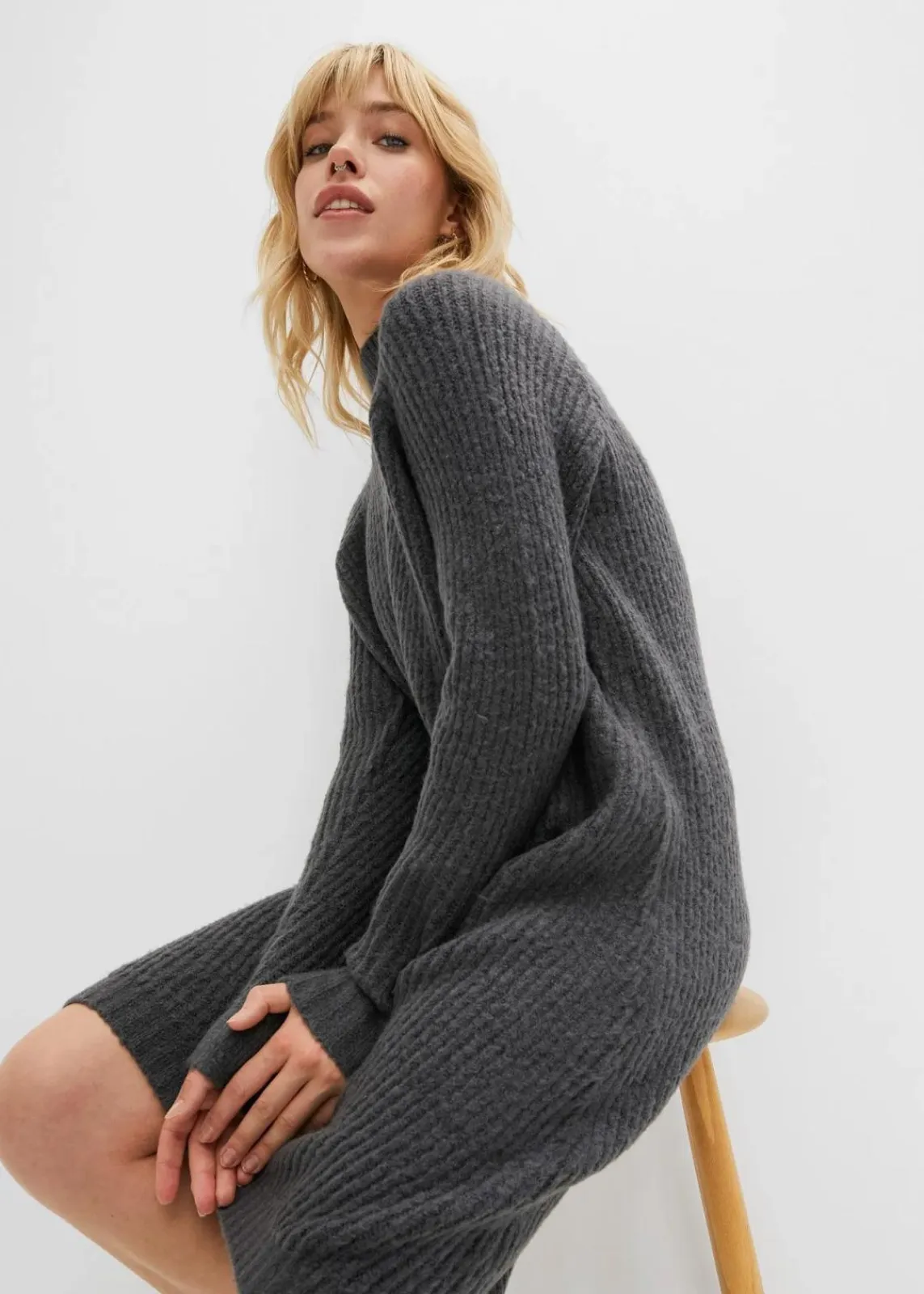 bonprix Bekleidung·Umstandsmode|Bekleidung·Pullover & Strickjacken^Strickkleid mit Vokuhila-Saum anthrazit meliert