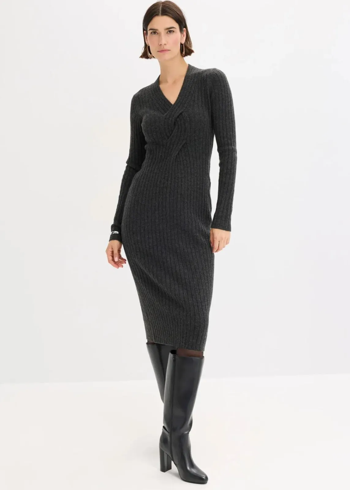 bonprix Kleider|Strickmode^Strickkleid mit Wollanteil anthrazit meliert meliert
