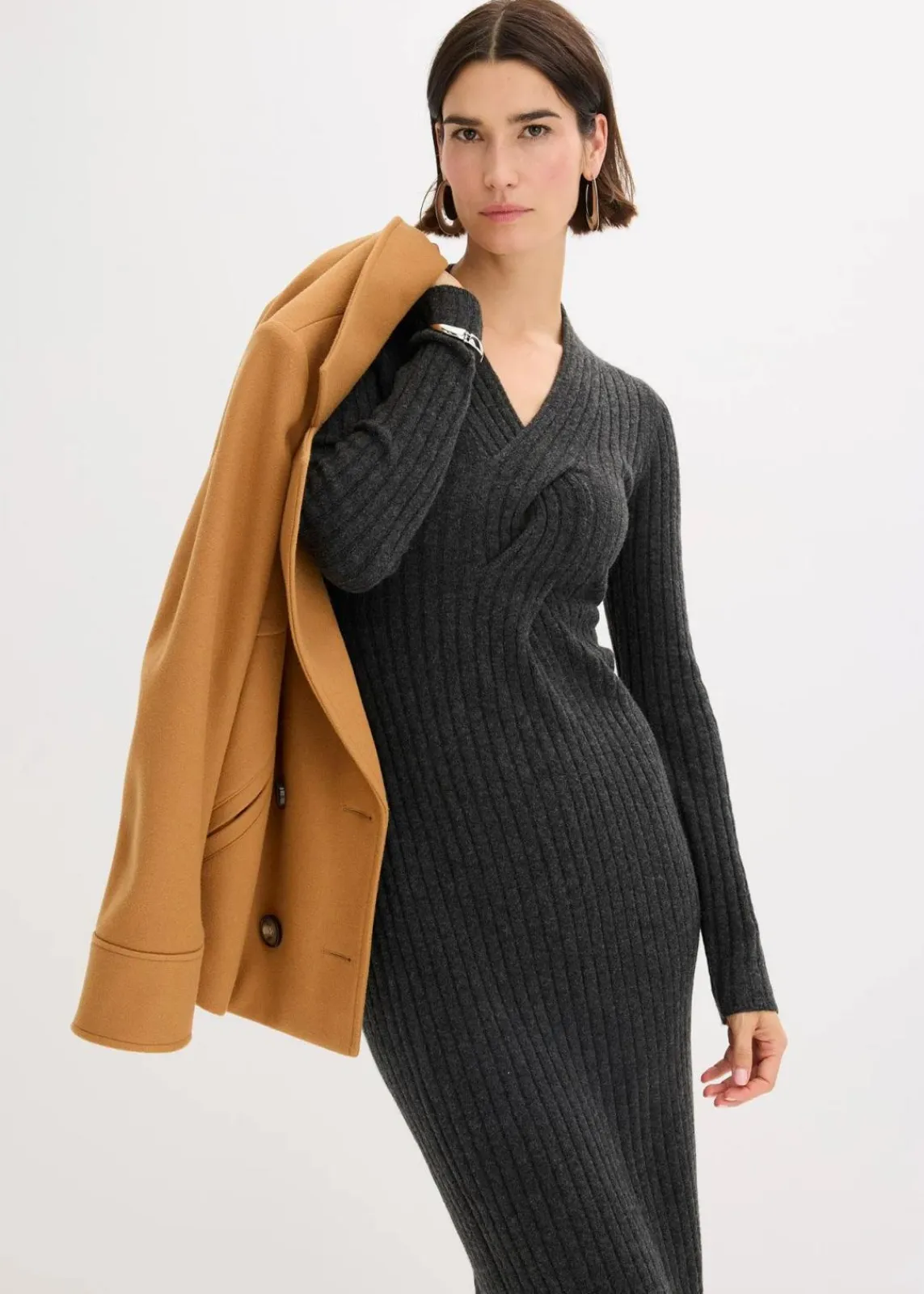 bonprix Kleider|Strickmode^Strickkleid mit Wollanteil anthrazit meliert meliert