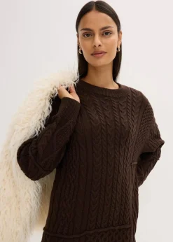 bonprix Bekleidung·Umstandsmode|Kleider^Strickkleid mit Zopfmuster dunkelbraun