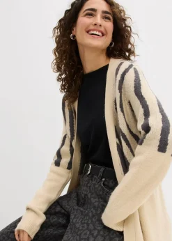 bonprix Pullover & Strickjacken|Bekleidung·Jeans^Strickmantel mit Zebra Druck hellsand/anthrazit zebra