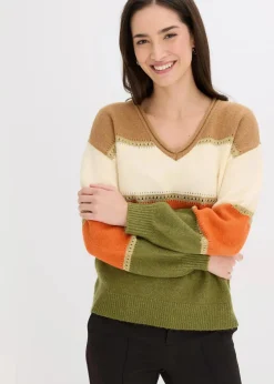 bonprix Bekleidung·Umstandsmode|Strickmode^Strickpullover camel/elfenbein/kupferorange/lodengrün gestreift