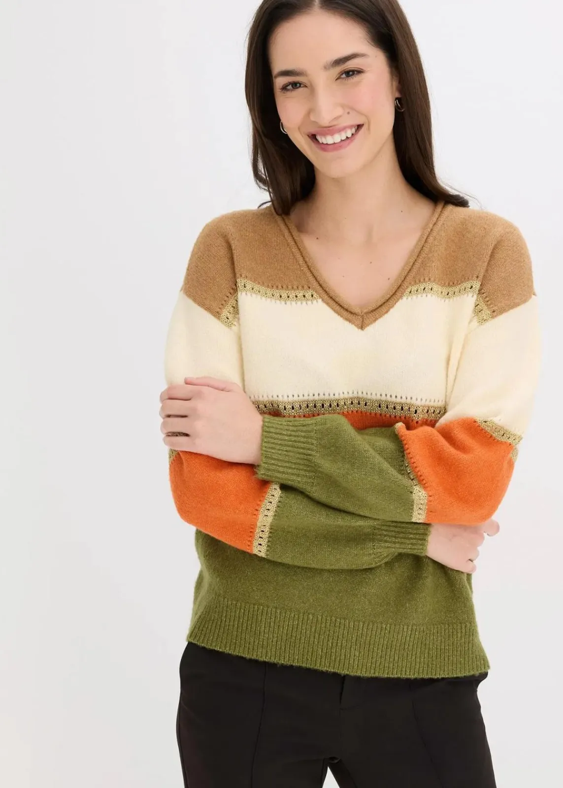 bonprix Bekleidung·Umstandsmode|Strickmode^Strickpullover camel/elfenbein/kupferorange/lodengrün gestreift