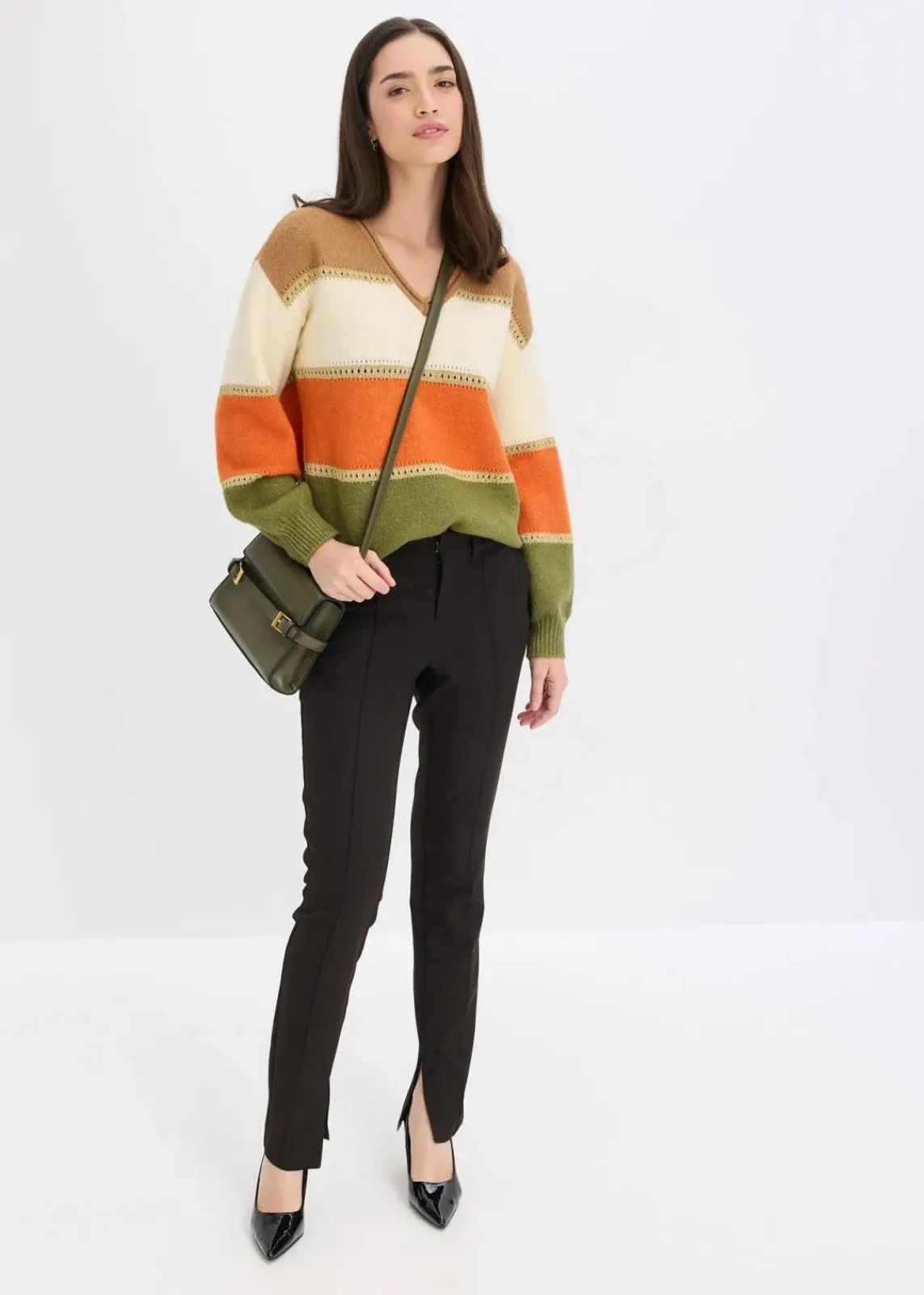 bonprix Bekleidung·Umstandsmode|Strickmode^Strickpullover camel/elfenbein/kupferorange/lodengrün gestreift