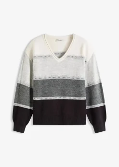 bonprix Bekleidung·Umstandsmode|Strickmode^Strickpullover schwarz/anthrazit meliert/hellgrau meliert/wollweiß gestreift