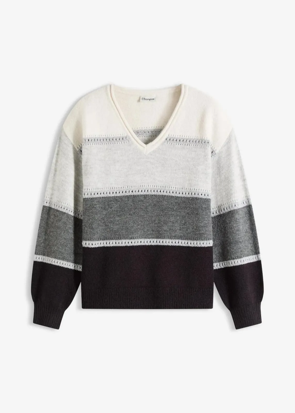 bonprix Bekleidung·Umstandsmode|Strickmode^Strickpullover schwarz/anthrazit meliert/hellgrau meliert/wollweiß gestreift