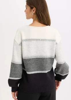 bonprix Bekleidung·Umstandsmode|Strickmode^Strickpullover schwarz/anthrazit meliert/hellgrau meliert/wollweiß gestreift