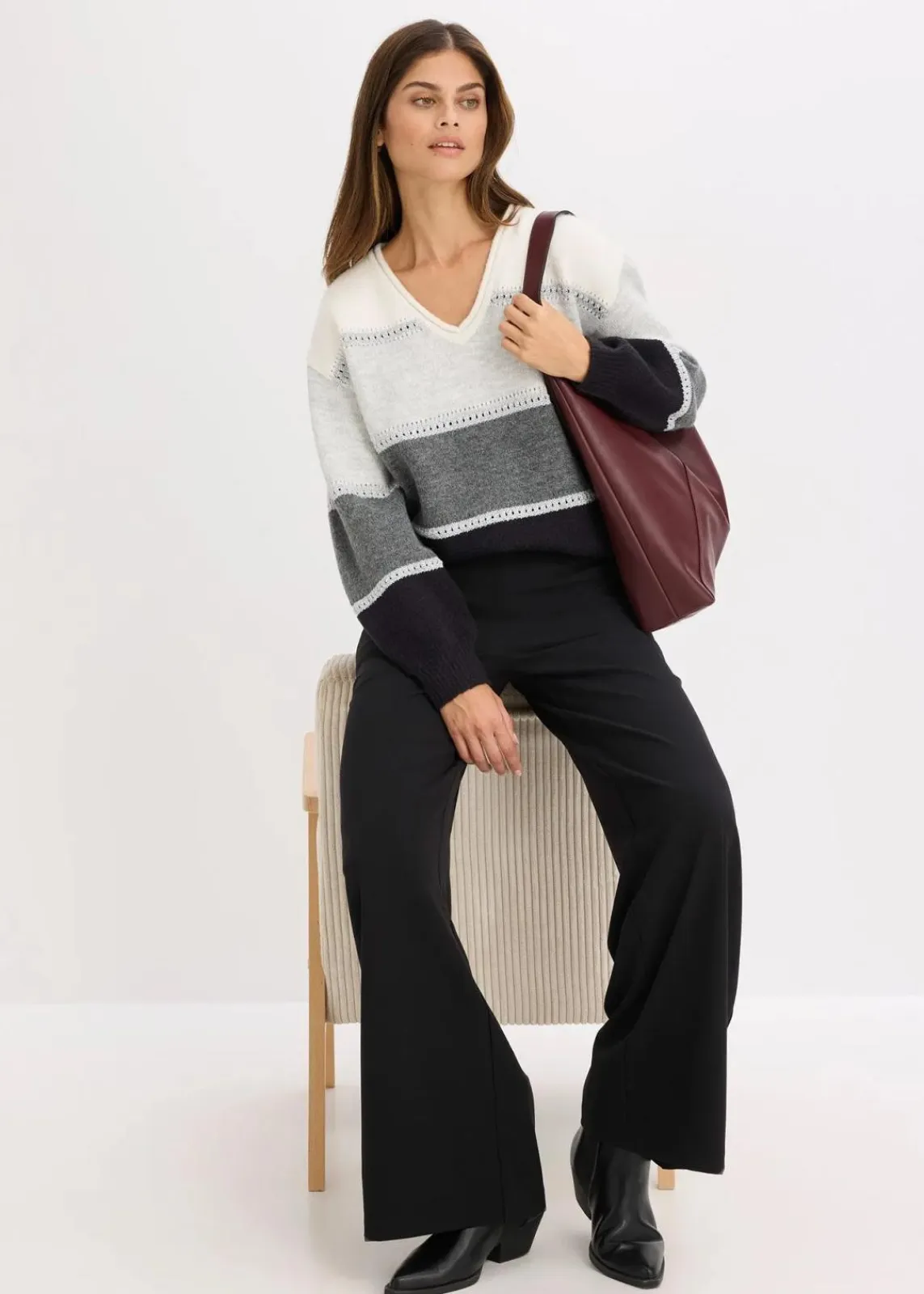 bonprix Bekleidung·Umstandsmode|Strickmode^Strickpullover schwarz/anthrazit meliert/hellgrau meliert/wollweiß gestreift