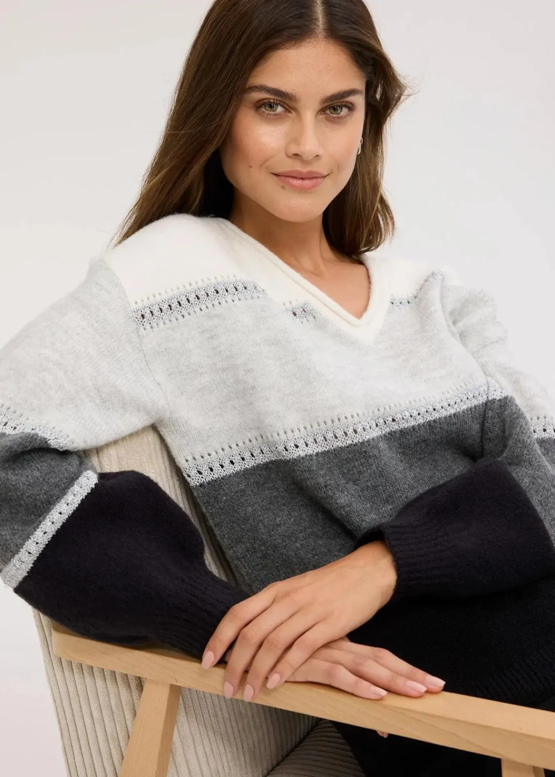 bonprix Bekleidung·Umstandsmode|Strickmode^Strickpullover schwarz/anthrazit meliert/hellgrau meliert/wollweiß gestreift