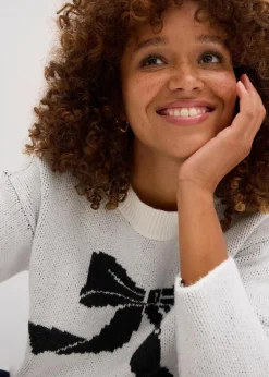 bonprix Nachhaltigere Materialien|Strickmode^Strickpullover mit Schleife wollweiß