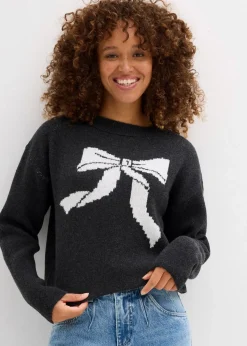 bonprix Pullover & Strickjacken|Strickmode^Strickpullover mit Schleife anthrazit meliert
