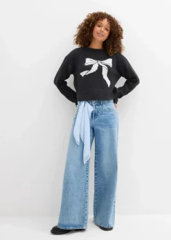 bonprix Pullover & Strickjacken|Strickmode^Strickpullover mit Schleife anthrazit meliert