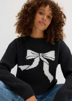 bonprix Pullover & Strickjacken|Strickmode^Strickpullover mit Schleife anthrazit meliert