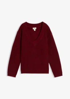 bonprix Bekleidung·Umstandsmode|Strickmode^Strickpullover mit tiefem V-Ausschnitt pflaumenrot/schwarz meliert