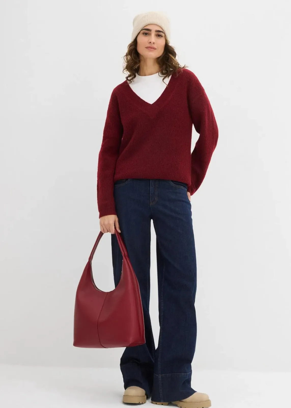 bonprix Bekleidung·Umstandsmode|Strickmode^Strickpullover mit tiefem V-Ausschnitt pflaumenrot/schwarz meliert