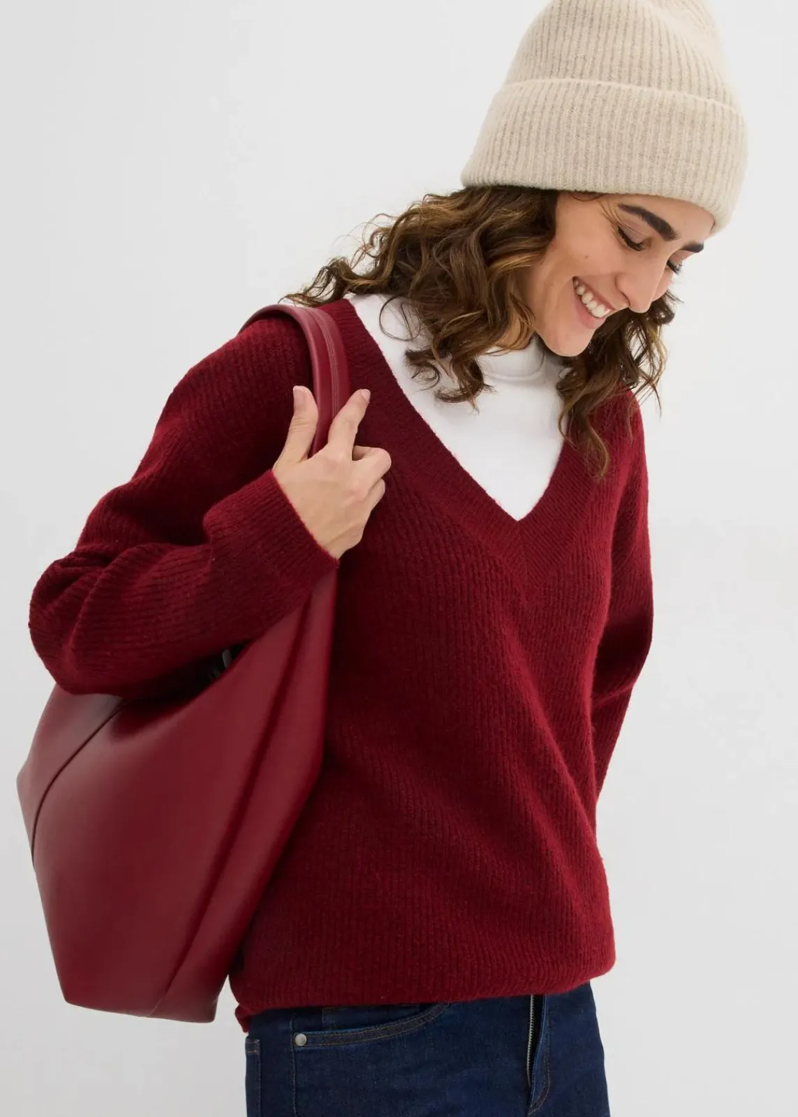 bonprix Bekleidung·Umstandsmode|Strickmode^Strickpullover mit tiefem V-Ausschnitt pflaumenrot/schwarz meliert