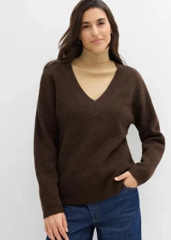 bonprix Bekleidung·Umstandsmode|Strickmode^Strickpullover mit tiefem V-Ausschnitt dunkelbraun/schwarz meliert