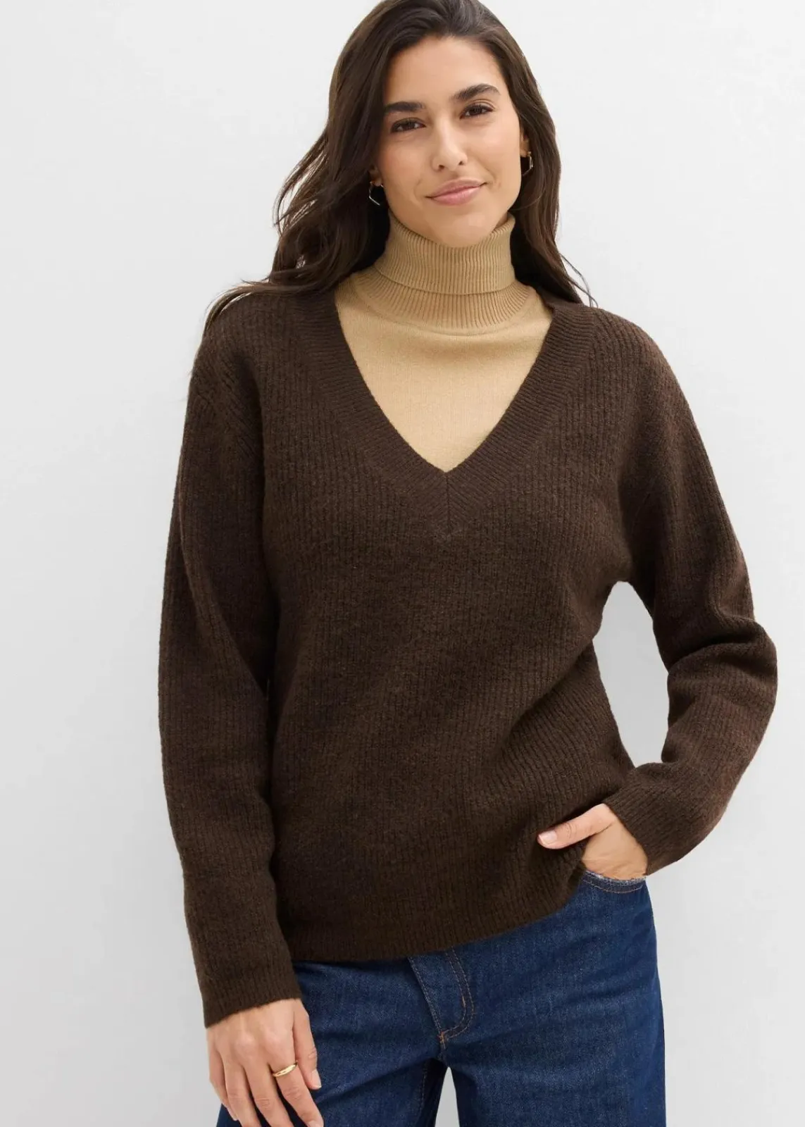 bonprix Bekleidung·Umstandsmode|Strickmode^Strickpullover mit tiefem V-Ausschnitt dunkelbraun/schwarz meliert