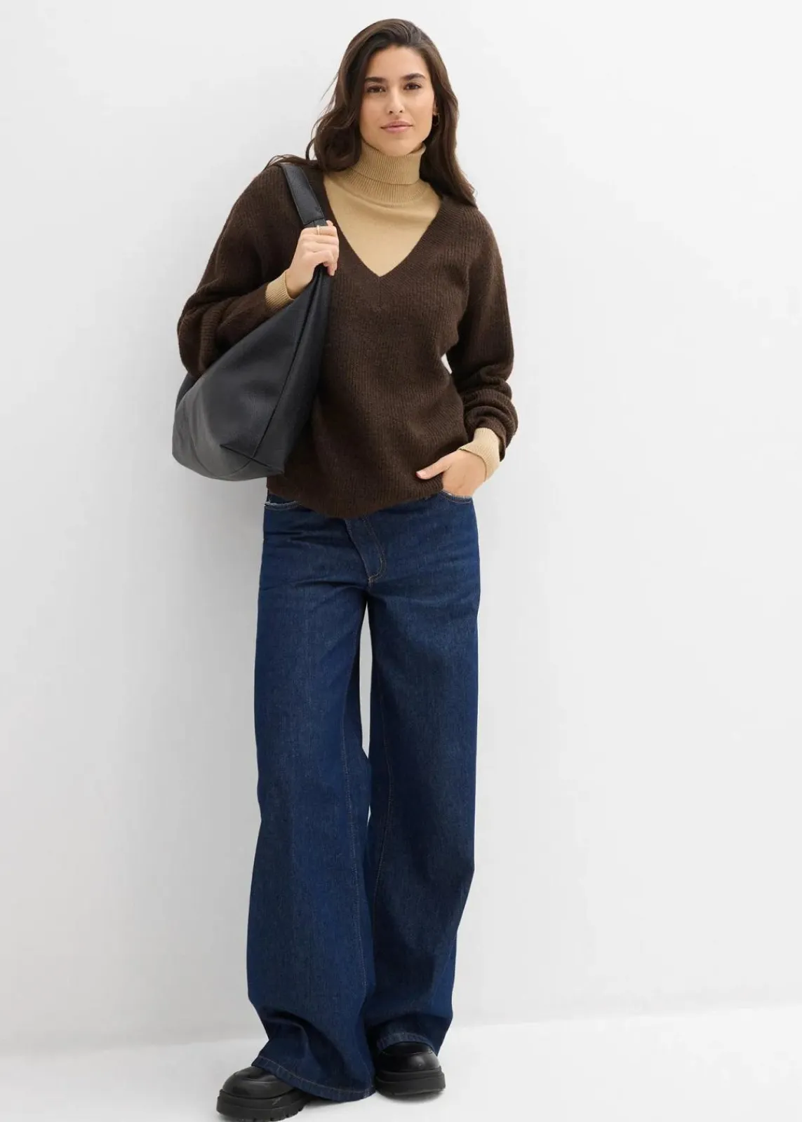 bonprix Bekleidung·Umstandsmode|Strickmode^Strickpullover mit tiefem V-Ausschnitt dunkelbraun/schwarz meliert