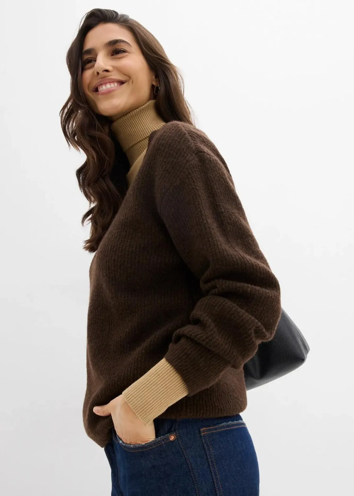 bonprix Bekleidung·Umstandsmode|Strickmode^Strickpullover mit tiefem V-Ausschnitt dunkelbraun/schwarz meliert