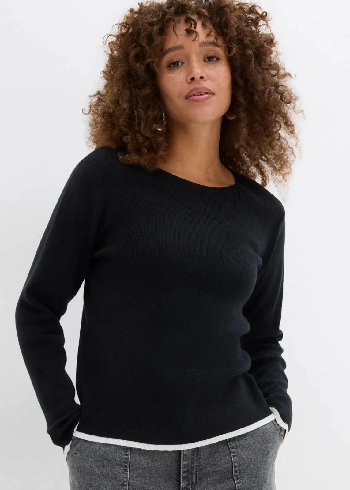 bonprix Bekleidung·Umstandsmode|Strickmode^Strickshirt mit Kontrastsaum schwarz/weiß