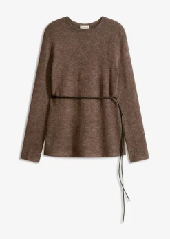 bonprix Bekleidung·Umstandsmode|Strickmode^Strickshirt mit Wollanteil und Lederimitat- Bindeband braun meliert