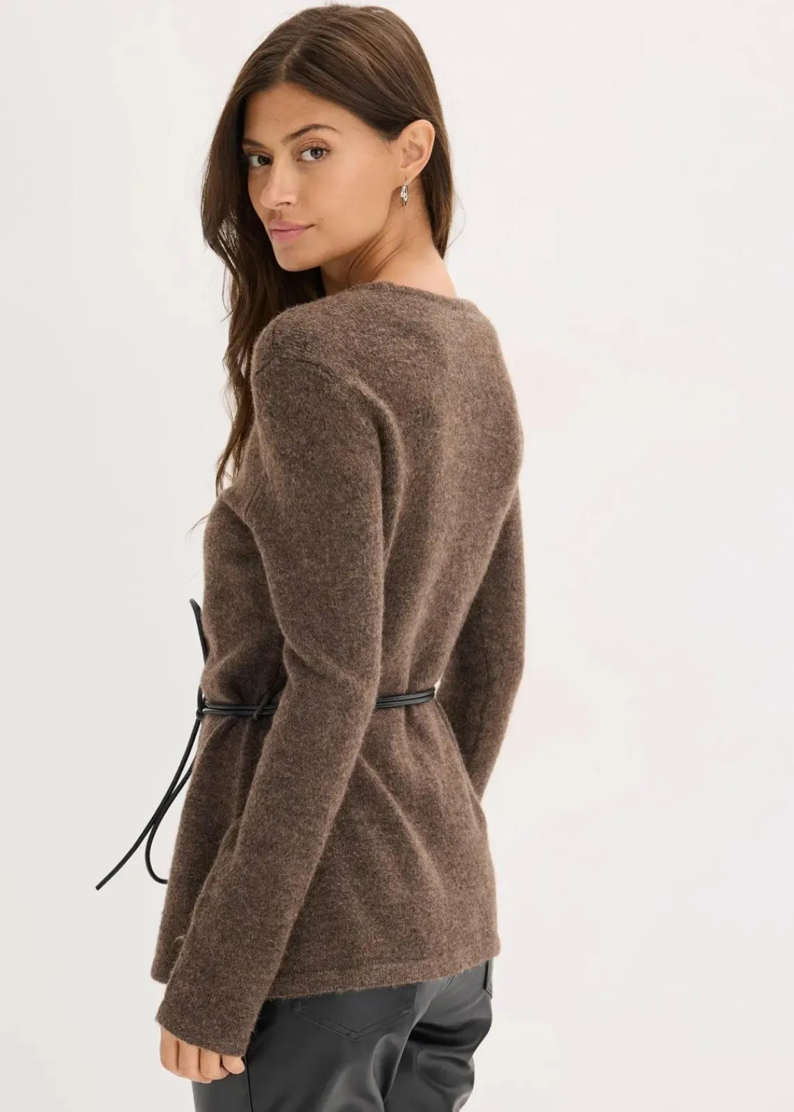 bonprix Bekleidung·Umstandsmode|Strickmode^Strickshirt mit Wollanteil und Lederimitat- Bindeband braun meliert