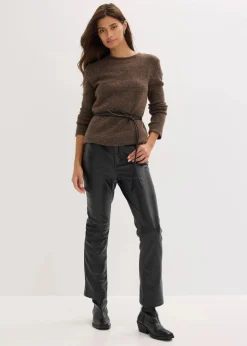 bonprix Bekleidung·Umstandsmode|Strickmode^Strickshirt mit Wollanteil und Lederimitat- Bindeband braun meliert