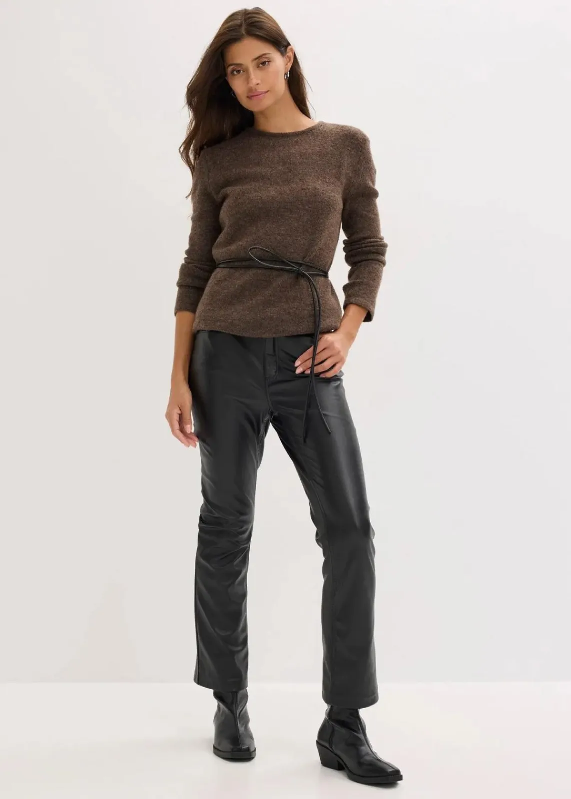bonprix Bekleidung·Umstandsmode|Strickmode^Strickshirt mit Wollanteil und Lederimitat- Bindeband braun meliert