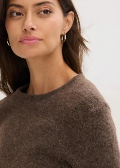 bonprix Bekleidung·Umstandsmode|Strickmode^Strickshirt mit Wollanteil und Lederimitat- Bindeband braun meliert