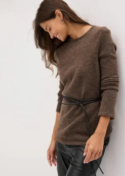bonprix Bekleidung·Umstandsmode|Strickmode^Strickshirt mit Wollanteil und Lederimitat- Bindeband braun meliert
