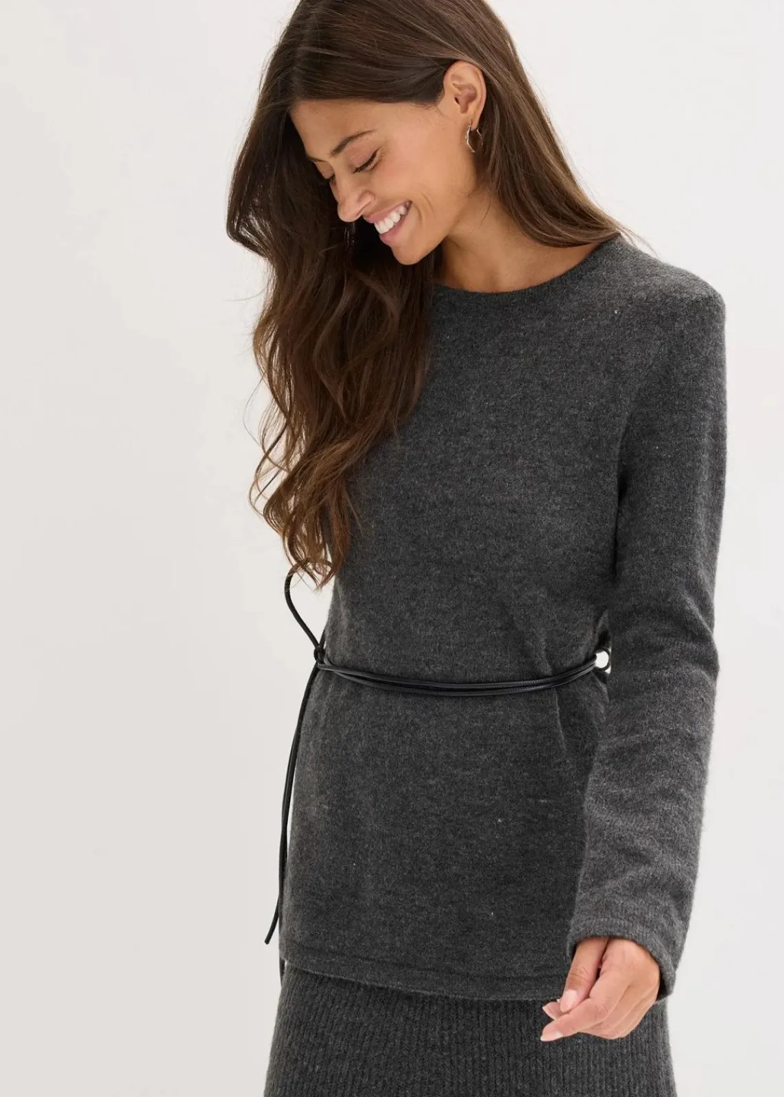 bonprix Bekleidung·Umstandsmode|Strickmode^Strickshirt mit Wollanteil und Lederimitat- Bindeband anthrazit meliert meliert