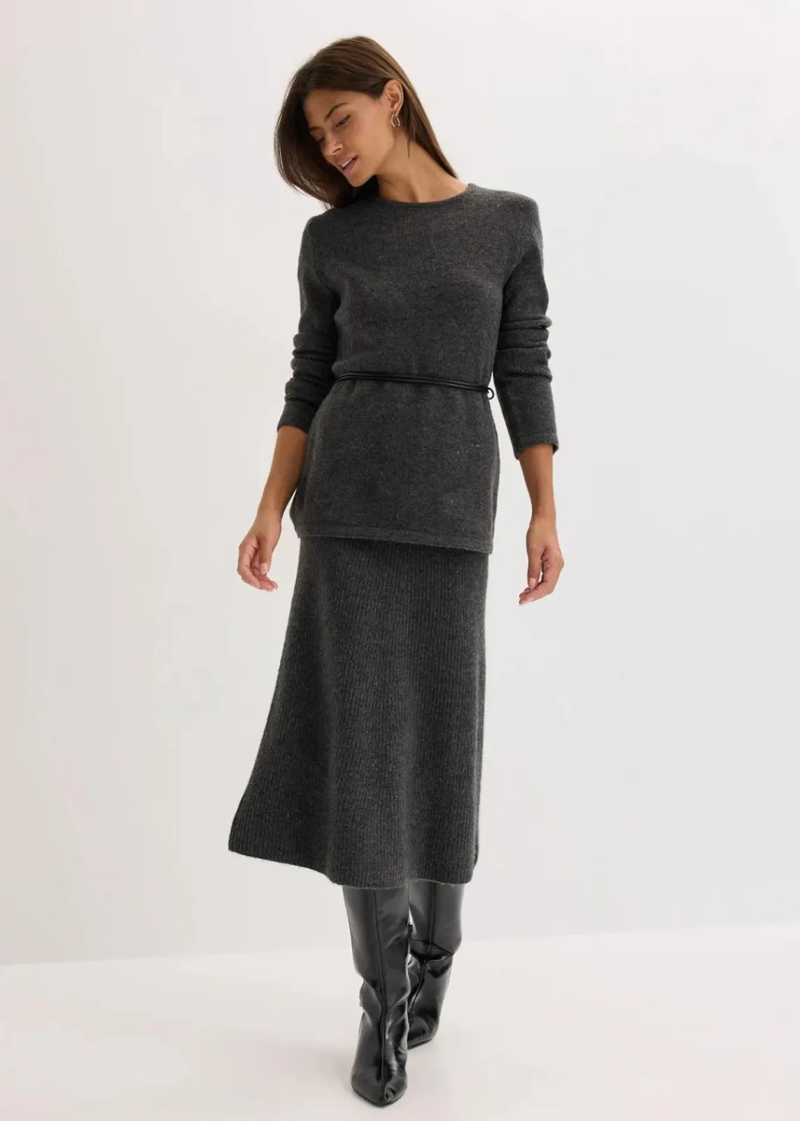 bonprix Bekleidung·Umstandsmode|Strickmode^Strickshirt mit Wollanteil und Lederimitat- Bindeband anthrazit meliert meliert
