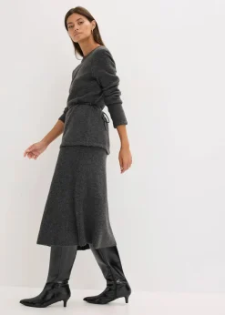 bonprix Bekleidung·Umstandsmode|Strickmode^Strickshirt mit Wollanteil und Lederimitat- Bindeband anthrazit meliert meliert