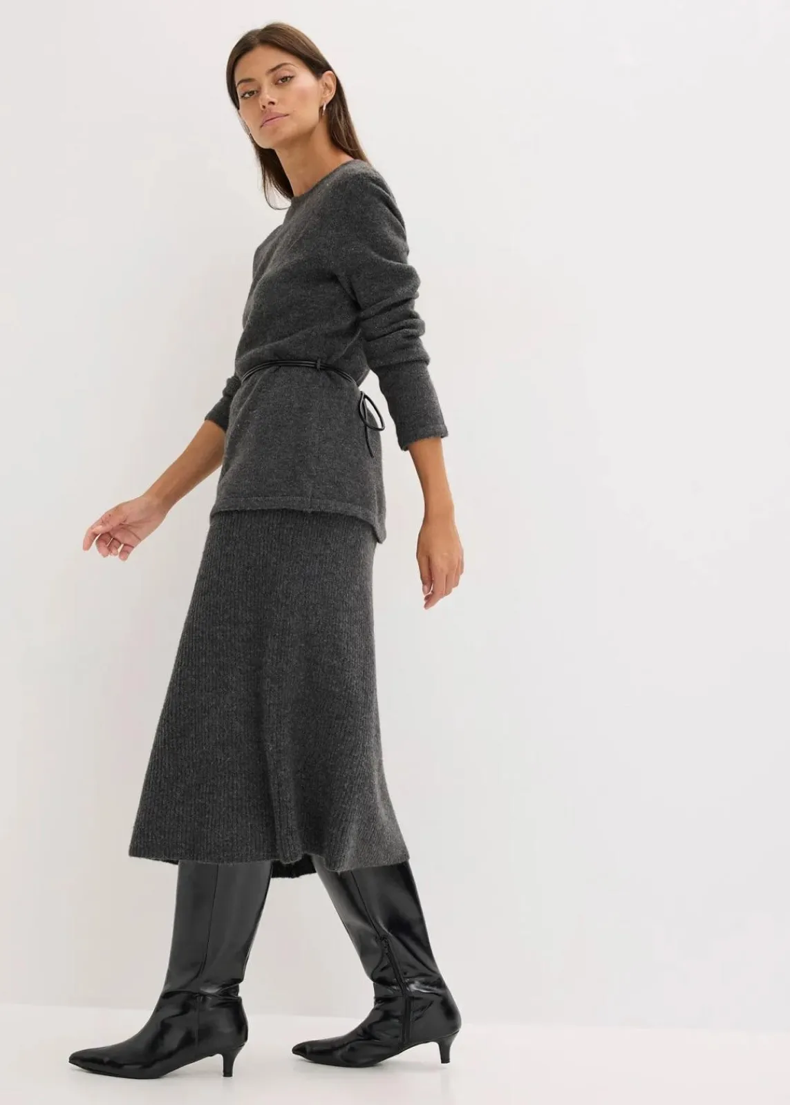 bonprix Bekleidung·Umstandsmode|Strickmode^Strickshirt mit Wollanteil und Lederimitat- Bindeband anthrazit meliert meliert
