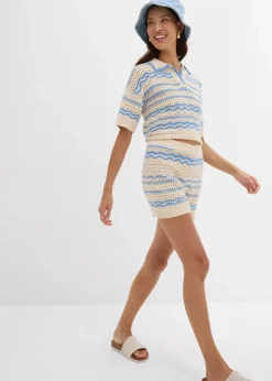 bonprix Shorts|Hosen^Strick-Shorts aus luftigem Baumwoll-Leinen-Mix elfenbein/mittelblau