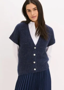 bonprix Bekleidung·Umstandsmode|Strickmode^Strick-Weste mit dekorativen Knöpfen und Wollanteil dunkelblau meliert