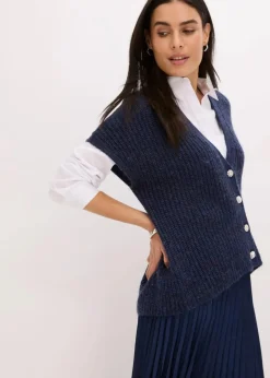 bonprix Bekleidung·Umstandsmode|Strickmode^Strick-Weste mit dekorativen Knöpfen und Wollanteil dunkelblau meliert