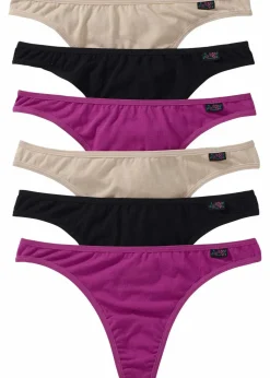 bonprix Höschen|Baumwollunterwäsche^String mit Bio-Baumwolle (6er Pack) violett + kreidebeige + schwarz