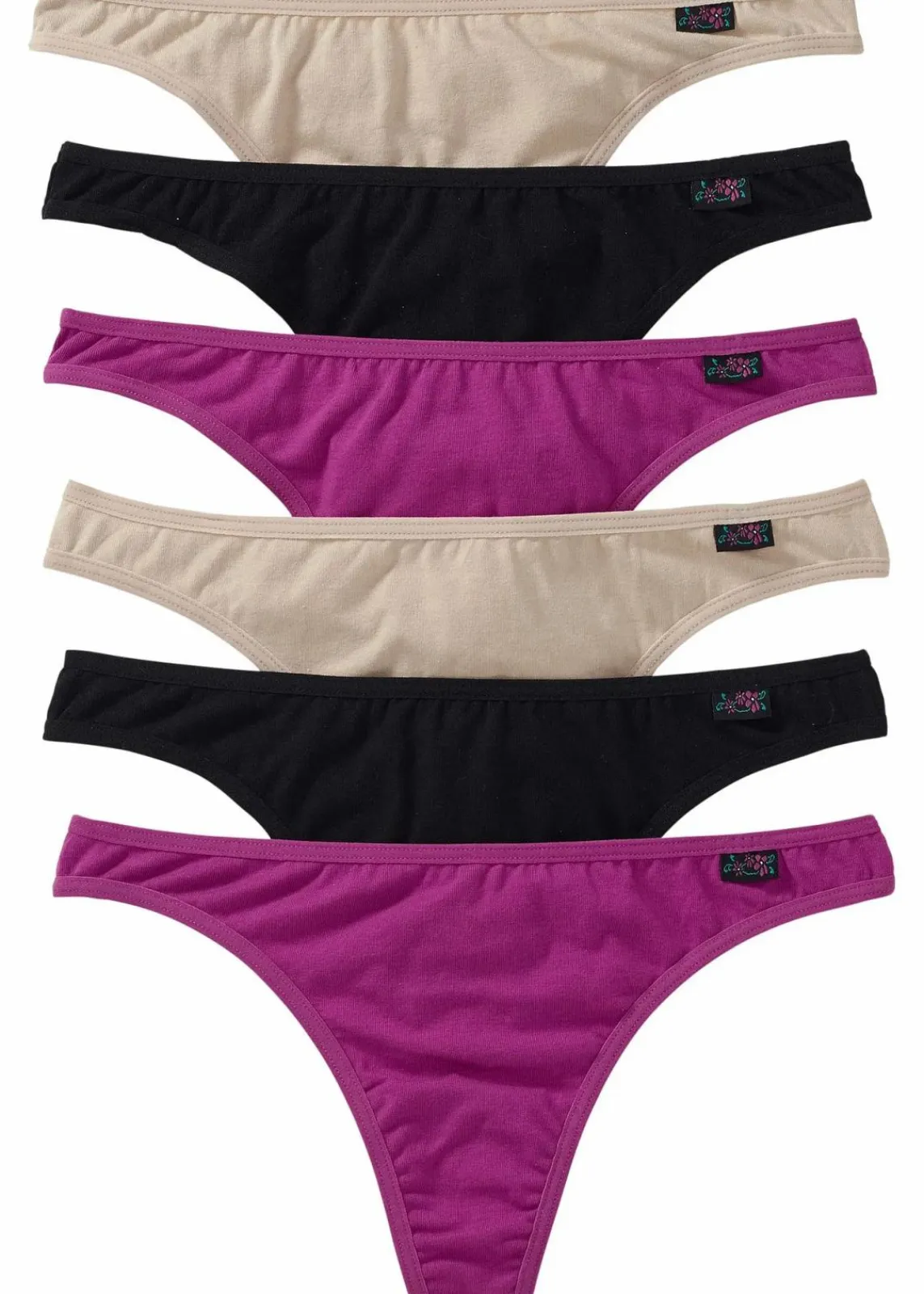 bonprix Höschen|Baumwollunterwäsche^String mit Bio-Baumwolle (6er Pack) violett + kreidebeige + schwarz