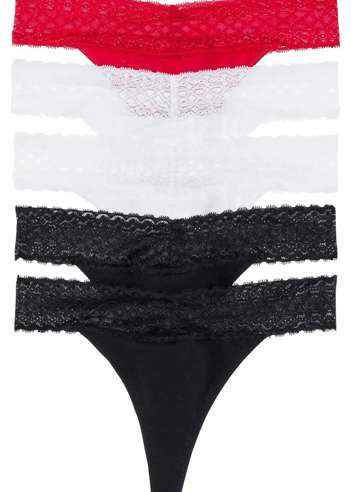 bonprix Wäsche·Baumwollunterwäsche|Wäsche·Höschen^String mit Spitze (5er Pack) schwarz + weiß + rot