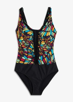 bonprix Shapewear|Badeanzüge^Strong Shape-Badeanzug mit Rüschen schwarz/bunt graphisch