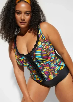 bonprix Shapewear|Badeanzüge^Strong Shape-Badeanzug mit Rüschen schwarz/bunt graphisch