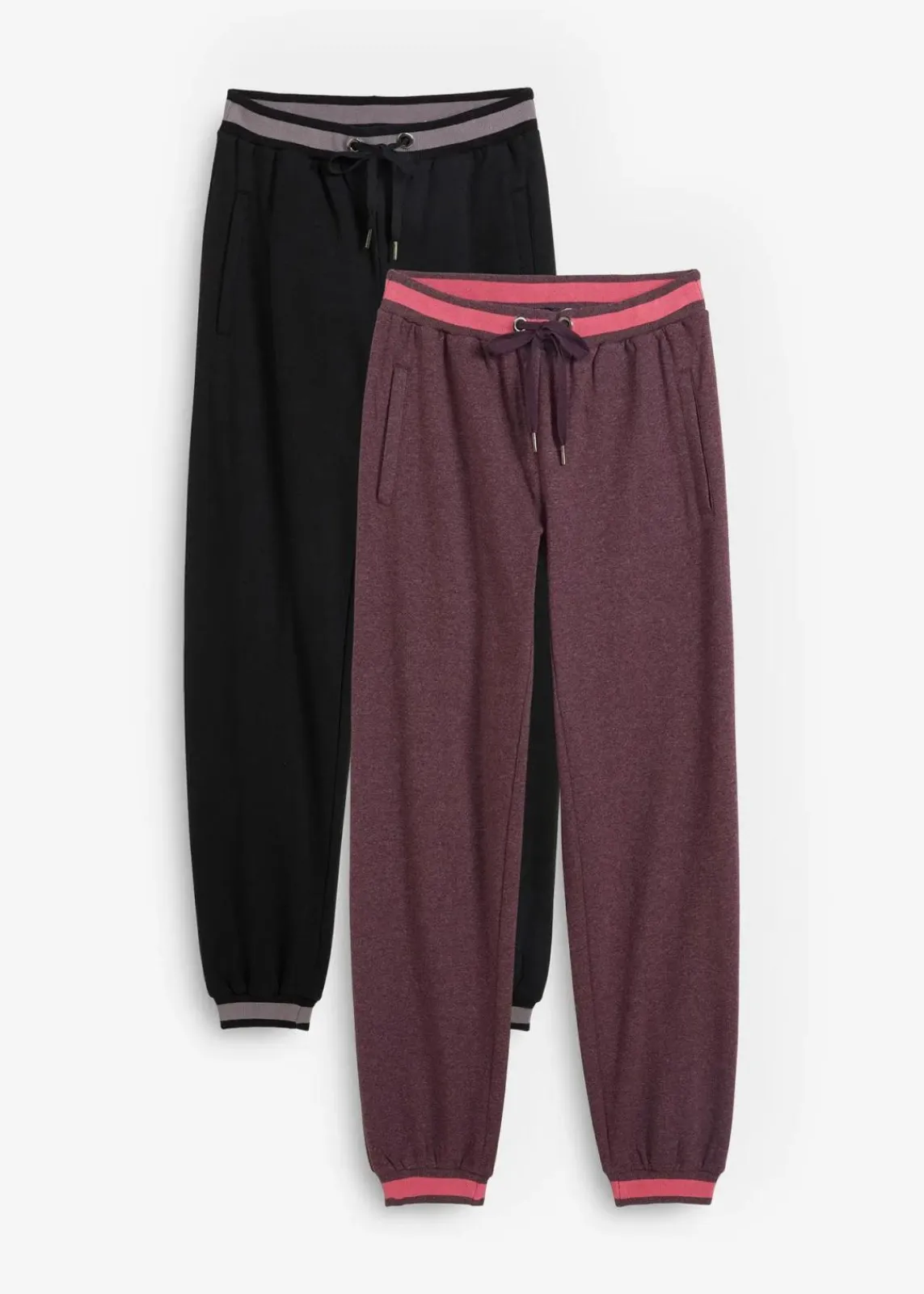 bonprix Hosen|Sweat^Sweathose aus Baumwoll-Mix, 2er Pack schwarz+holunderbeere meliert